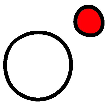 A small red circle in the background and a large white circle in the foreground.